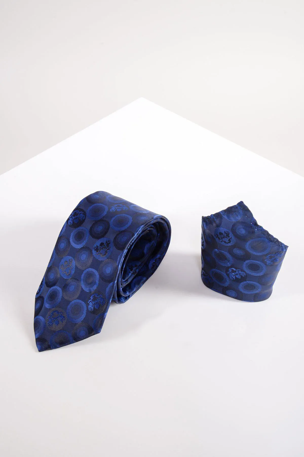 BUBBLES - Navy Bubble Circle Print Tie and Pocket Square Set