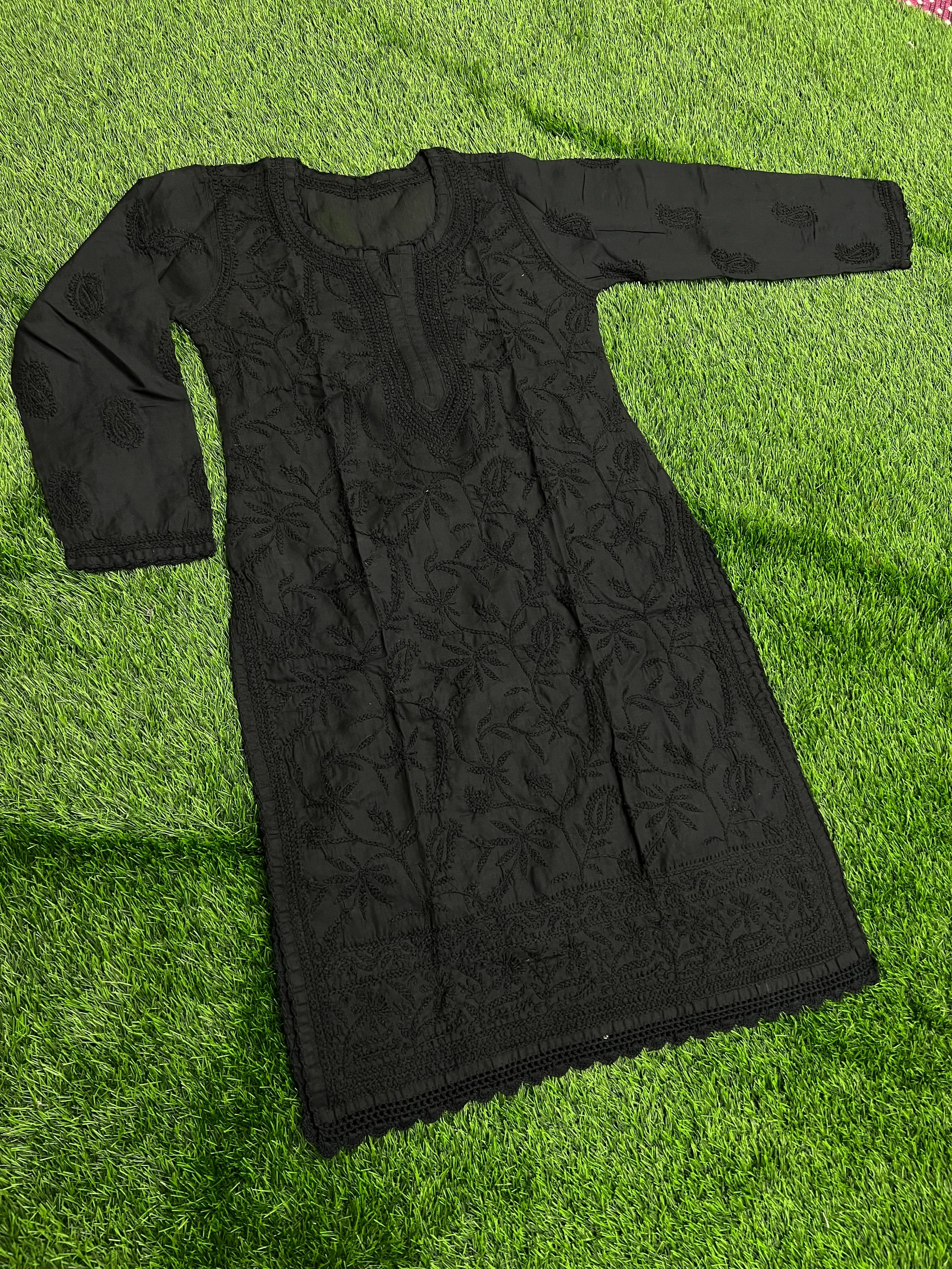 Chikan Handwork Soft Pure Cotton Black Kurti,FCH