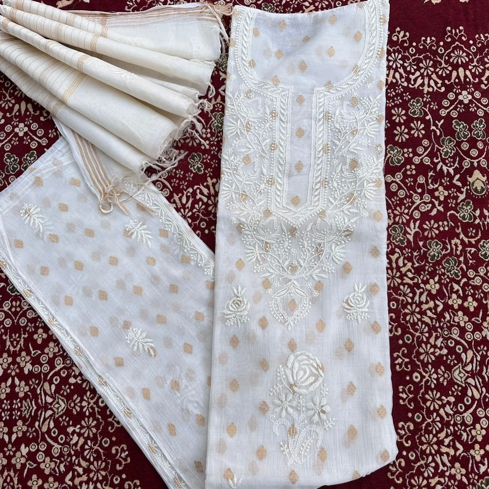 Chikankari.NCH...Banarasi Pure Soft Chanderi 2Pcs Suits With lucknowi Premium Hand Embroidred Chikankari