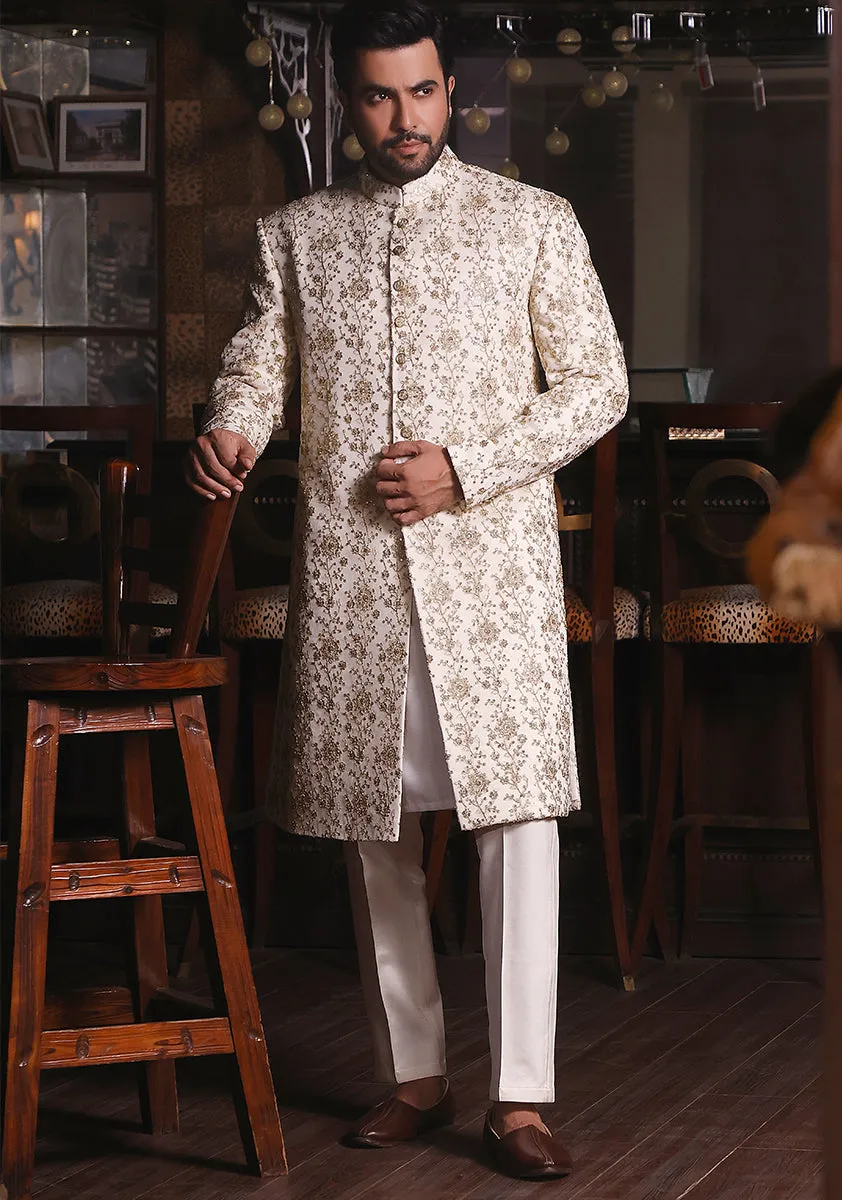 Classic Cream Cotton Net Traditional Embroidered Sherwani