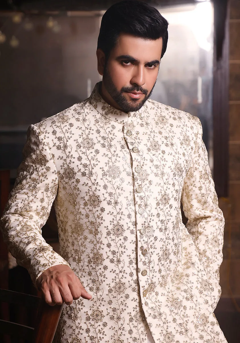 Classic Cream Cotton Net Traditional Embroidered Sherwani