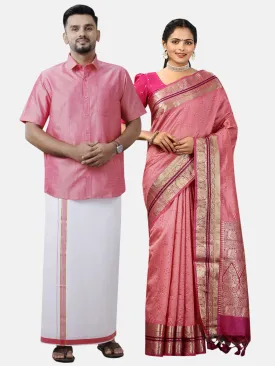 Couple Combo Half Sleeves Shirt with Dhoti & Saree Set Pink SCS92