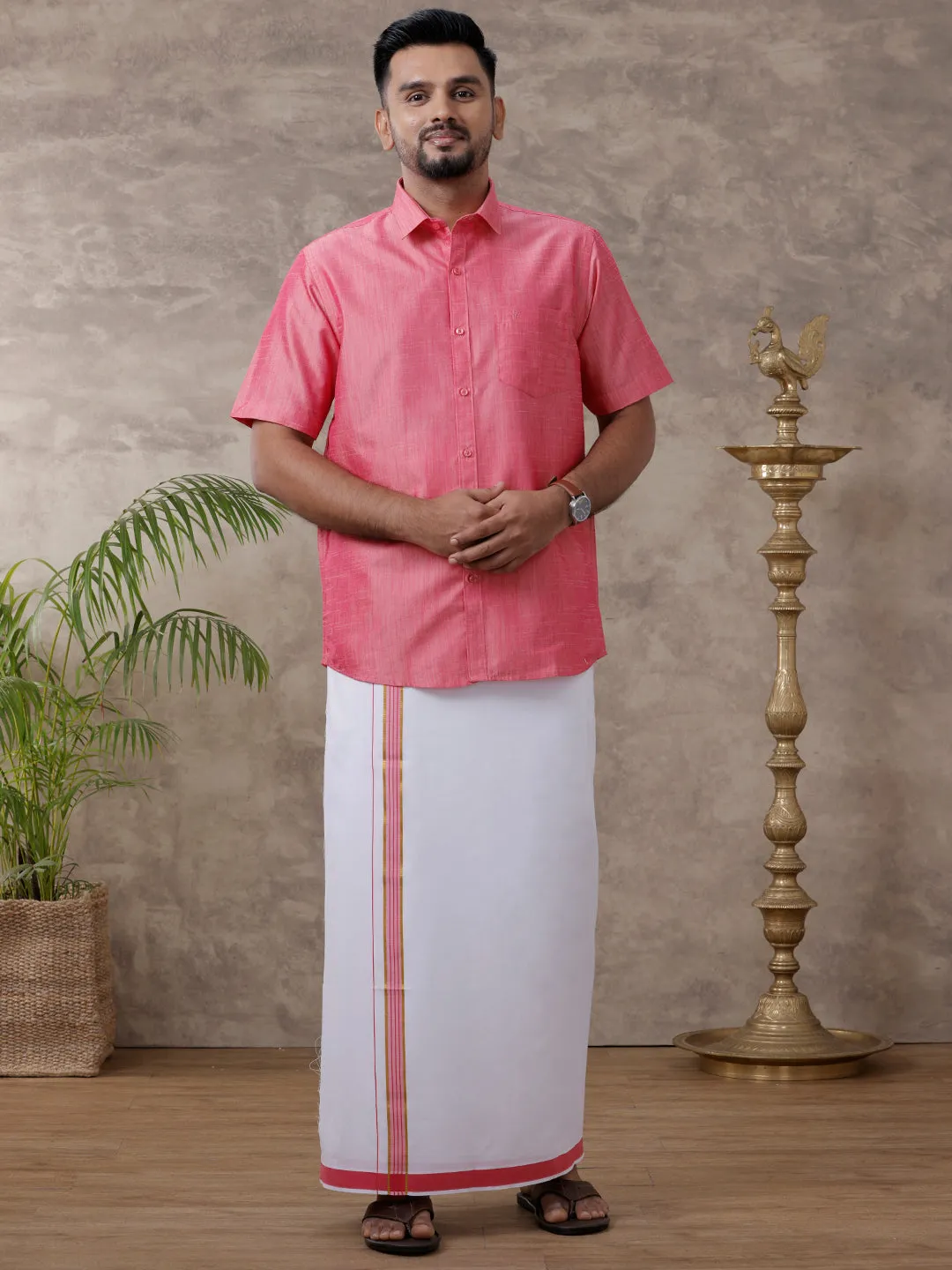 Couple Combo Half Sleeves Shirt with Dhoti & Saree Set Pink SCS92