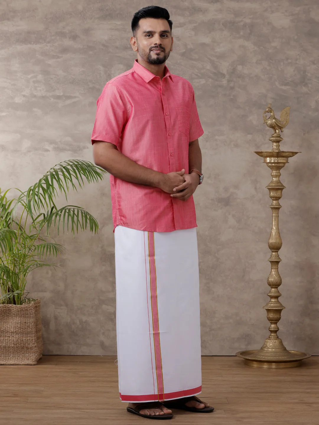 Couple Combo Half Sleeves Shirt with Dhoti & Saree Set Pink SCS92