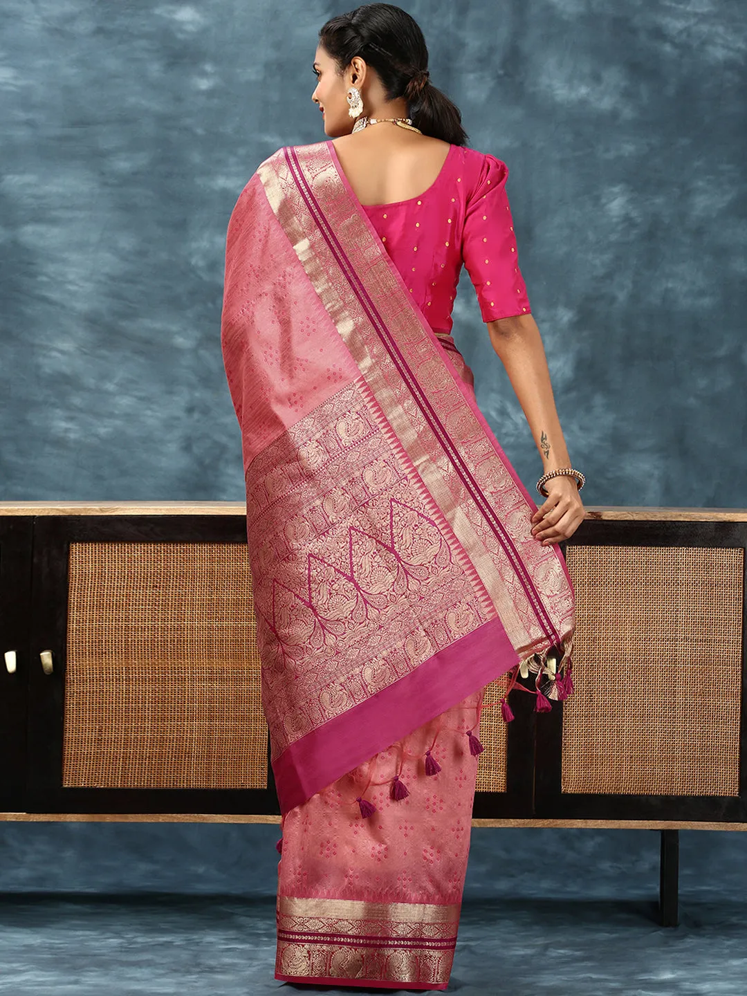 Couple Combo Half Sleeves Shirt with Dhoti & Saree Set Pink SCS92