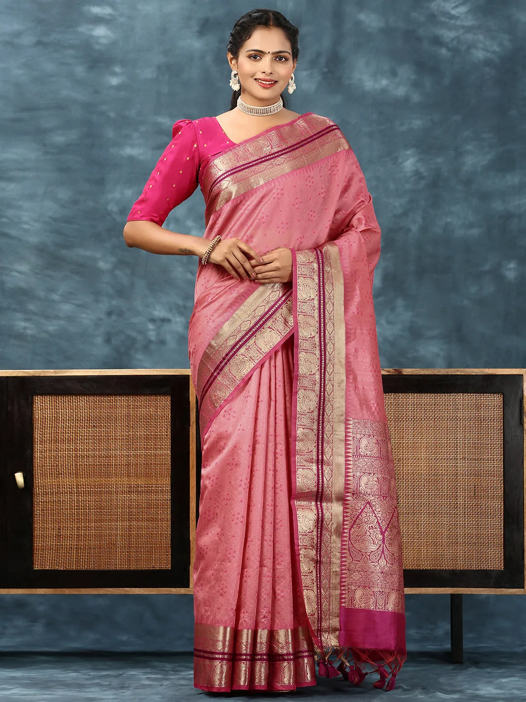 Couple Combo Half Sleeves Shirt with Dhoti & Saree Set Pink SCS92