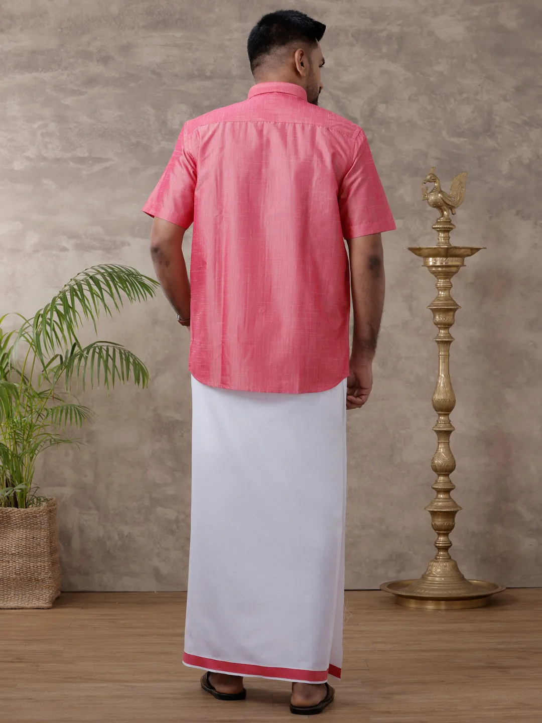 Couple Combo Half Sleeves Shirt with Dhoti & Saree Set Pink SCS92