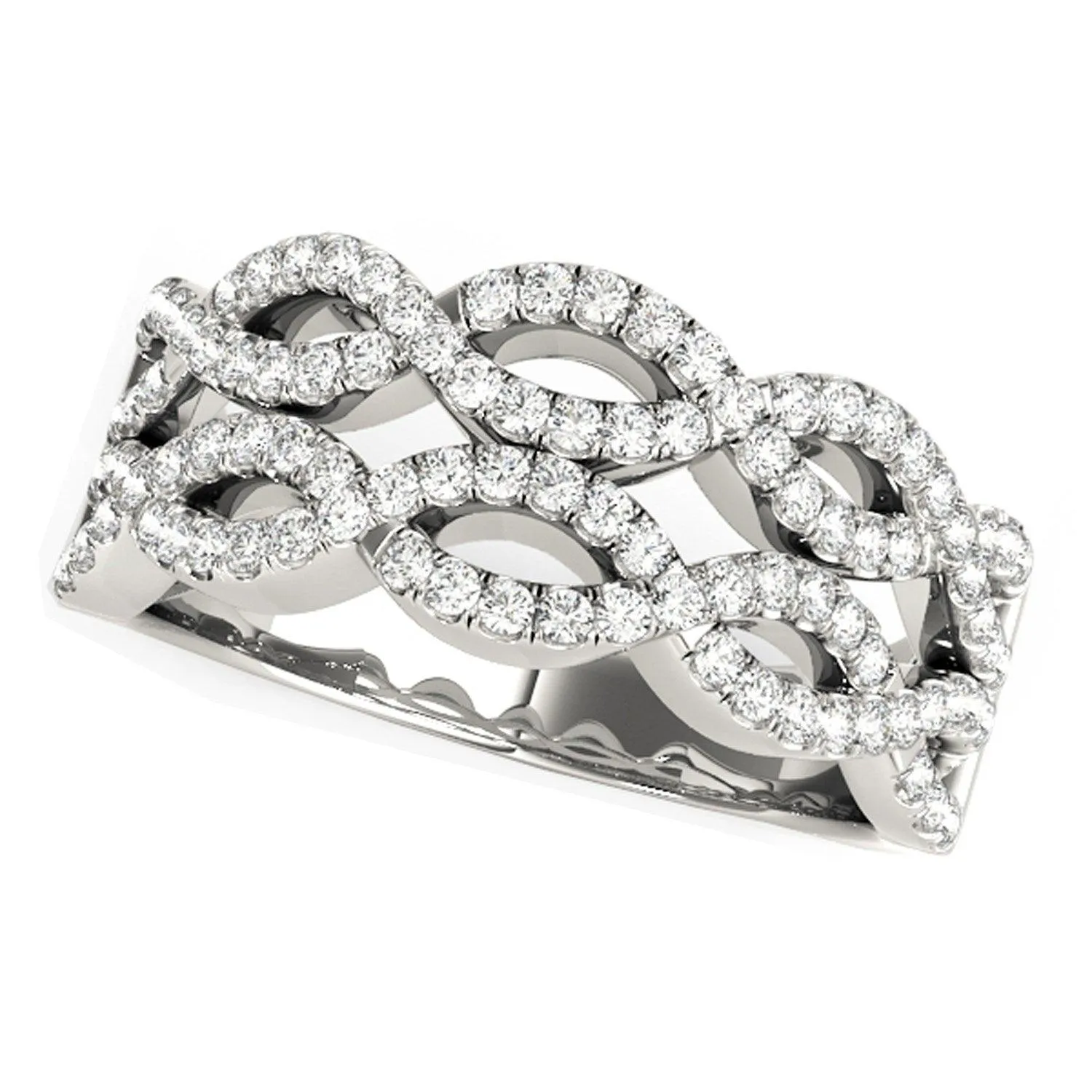 Diamond Studded Double Interlocking Waves Ring in 14k White Gold