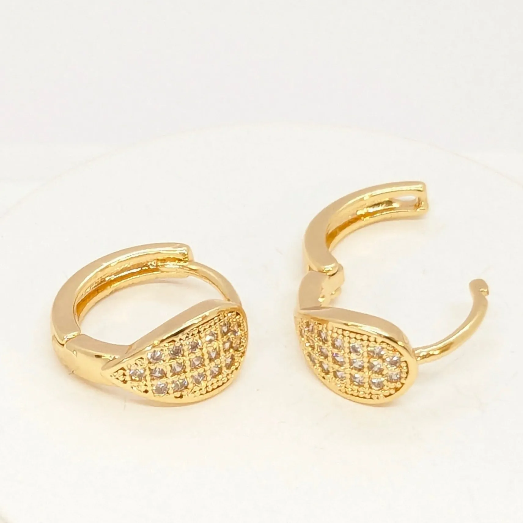 Earrings - Round Tear Drop Shaped - Studded with American Diamond - Gold Finish