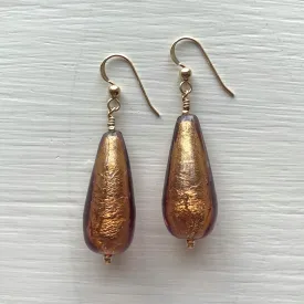 Earrings with golden brown (chocolate) Murano glass long pear drops