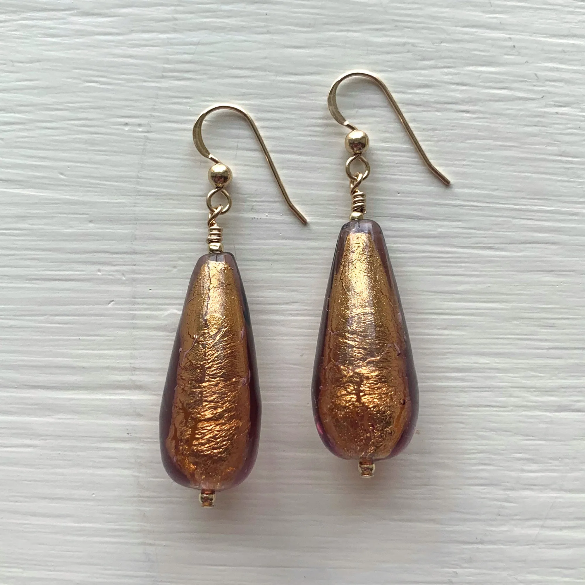 Earrings with golden brown (chocolate) Murano glass long pear drops