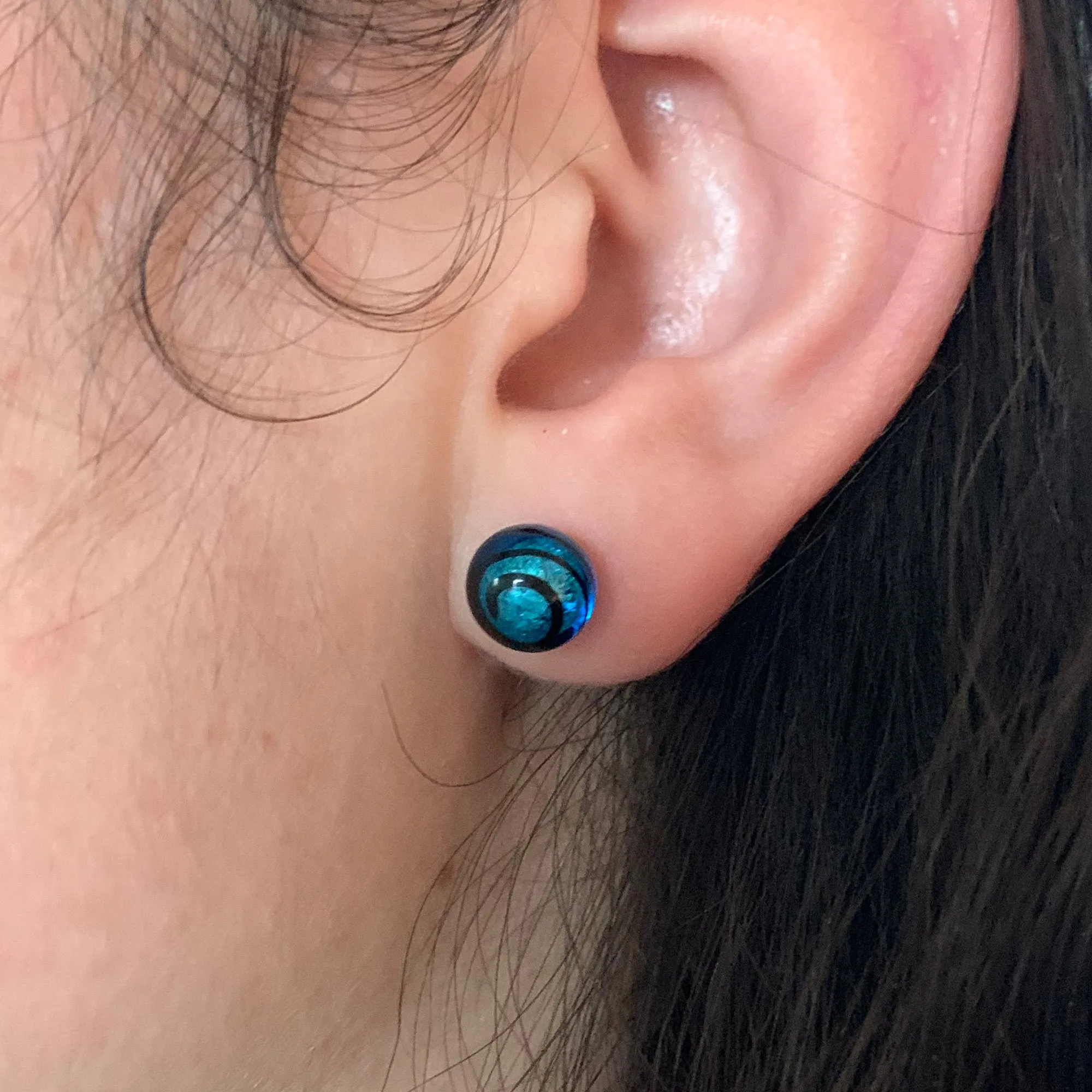 Earrings with turquoise (blue) and black Murano glass sphere studs on surgical steel posts