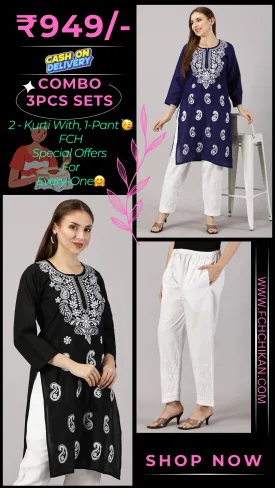 Embroidered Cotton Wear: 2 Kurtis   Pants Set | Women’s Cotton Kurti Set: Embroidery & Comfort Combo | Chic Cotton Sets Combo: Embroidered Kurtis and Pants | Stylish Cotton Kurti Set with Pants - 2 Piece Combo