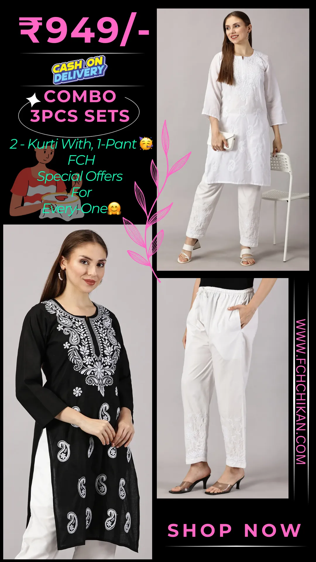 Embroidered Cotton Wear: 2 Kurtis   Pants Set | Women’s Cotton Kurti Set: Embroidery & Comfort Combo | Chic Cotton Sets Combo: Embroidered Kurtis and Pants | Stylish Cotton Kurti Set with Pants - 2 Piece Combo