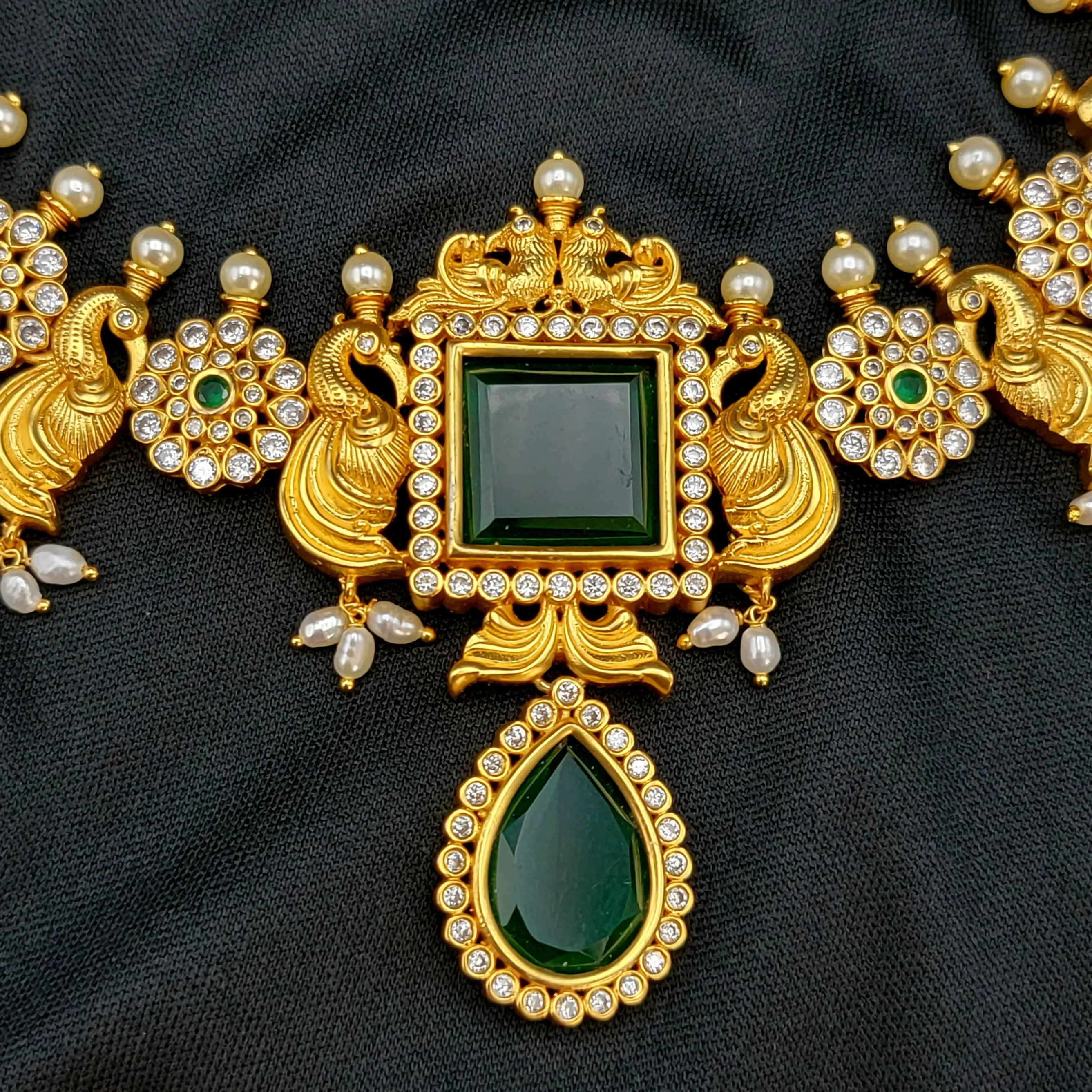 Emerald Green Statement AD Zircon Necklace set with Rice Pearls