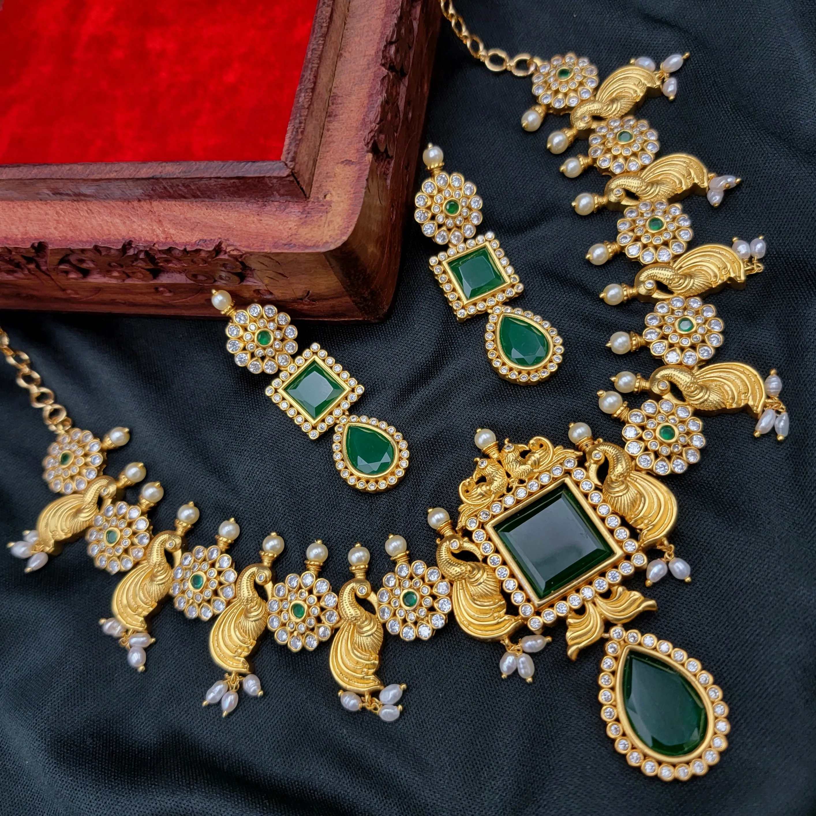 Emerald Green Statement AD Zircon Necklace set with Rice Pearls