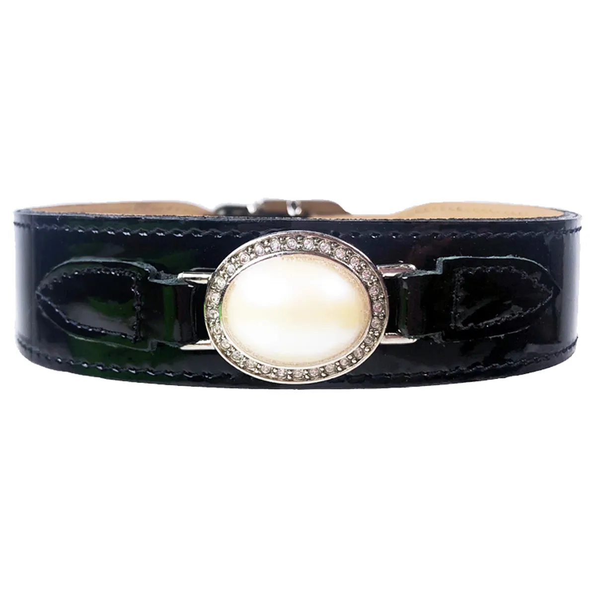 Estate Dog Collar in Black Patent, Cream Pearl & Nickel