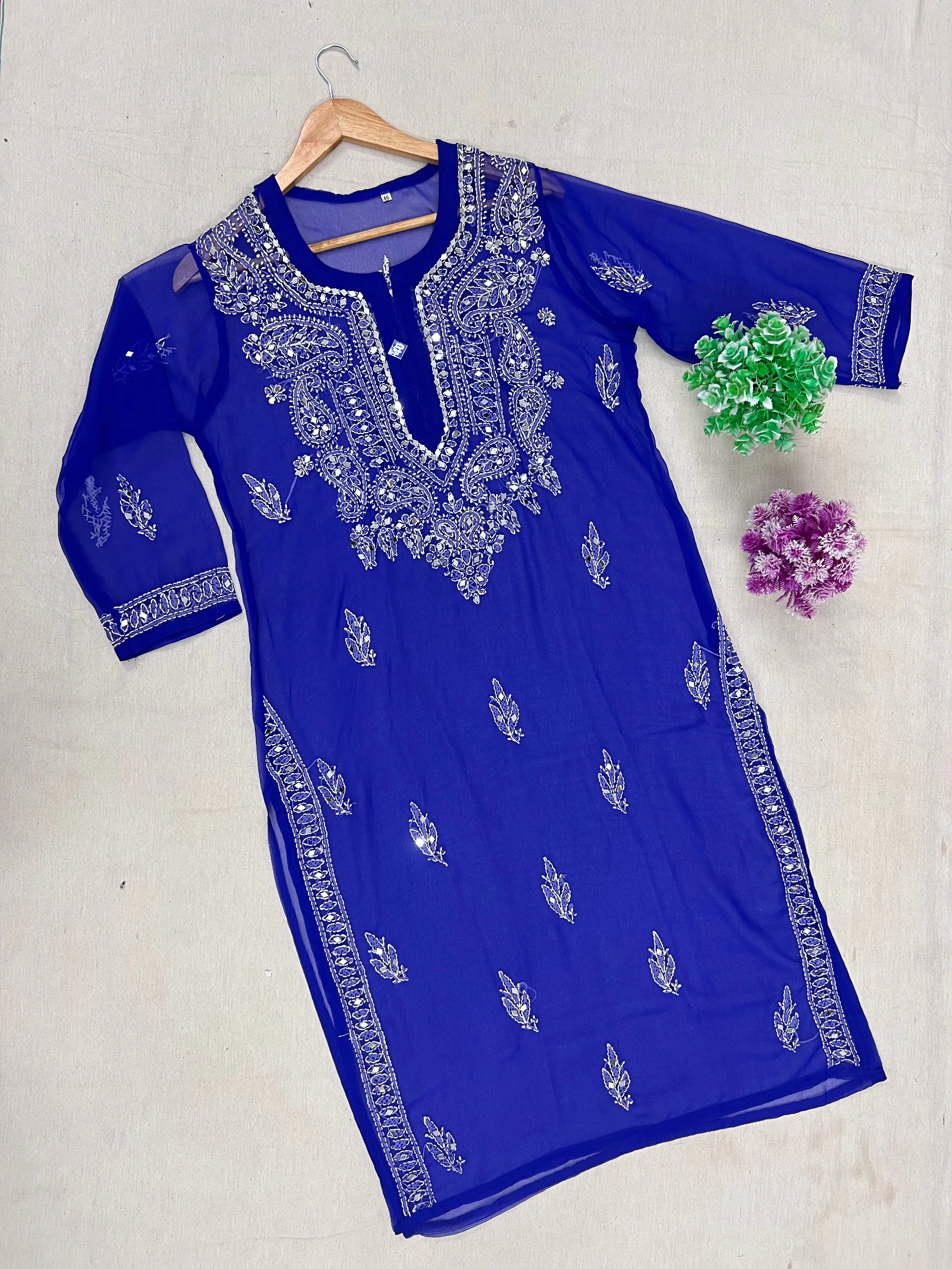 FCH, CHIKAN HANDWORK SOFT GEORGETTE KURTI With Pasted Mirror,