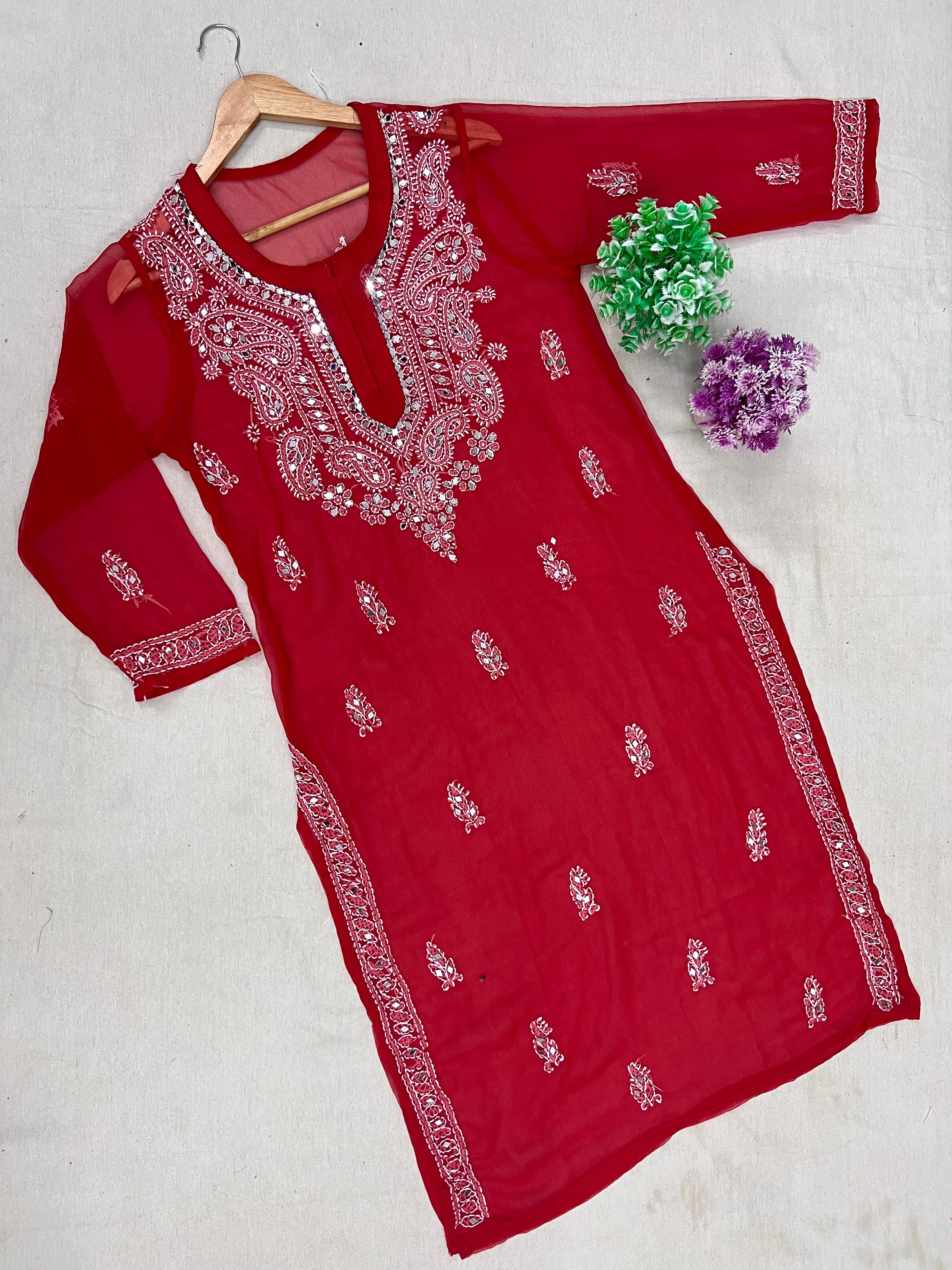 FCH, CHIKAN HANDWORK SOFT GEORGETTE KURTI With Pasted Mirror,