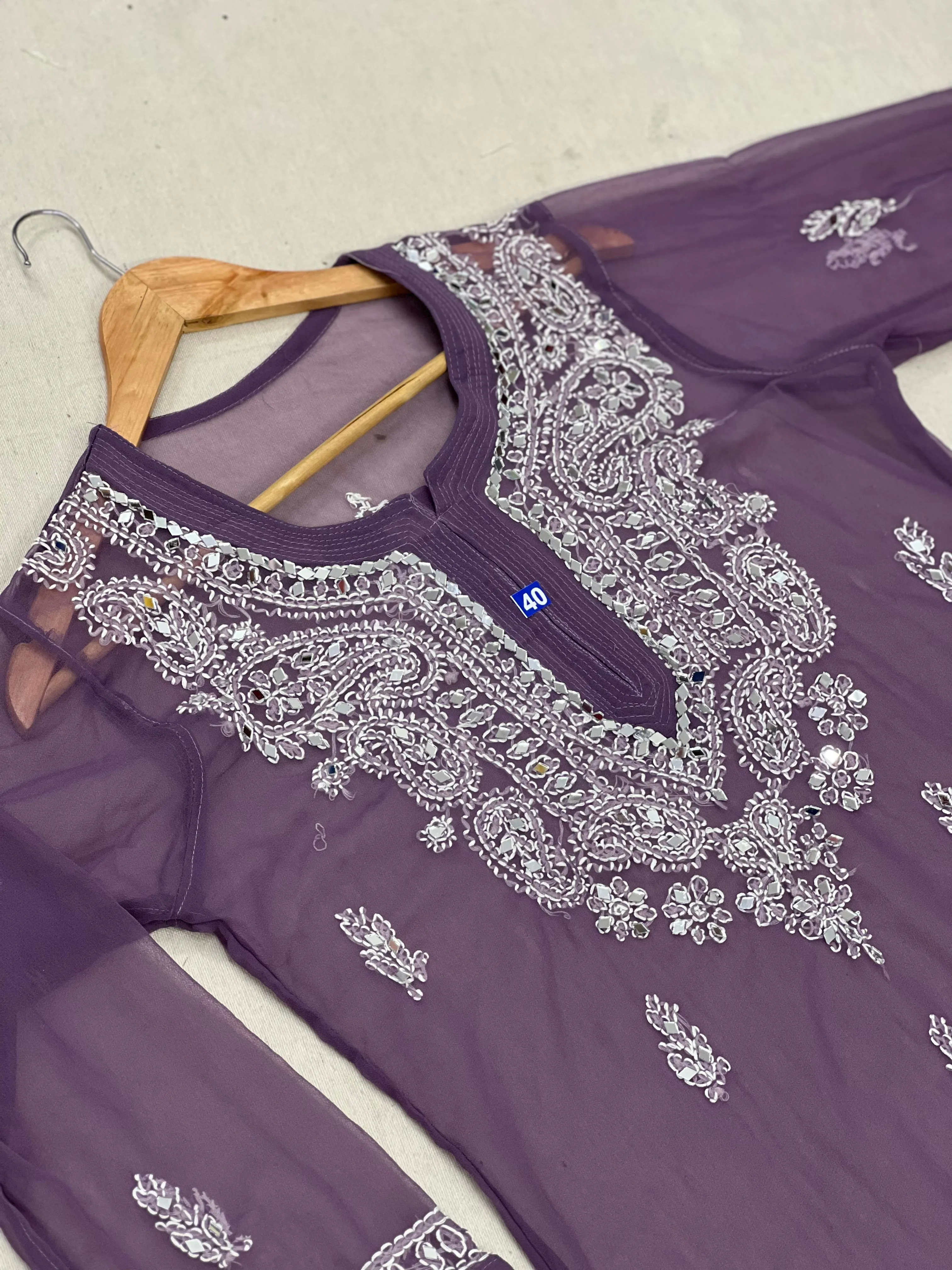 FCH, CHIKAN HANDWORK SOFT GEORGETTE KURTI With Pasted Mirror,