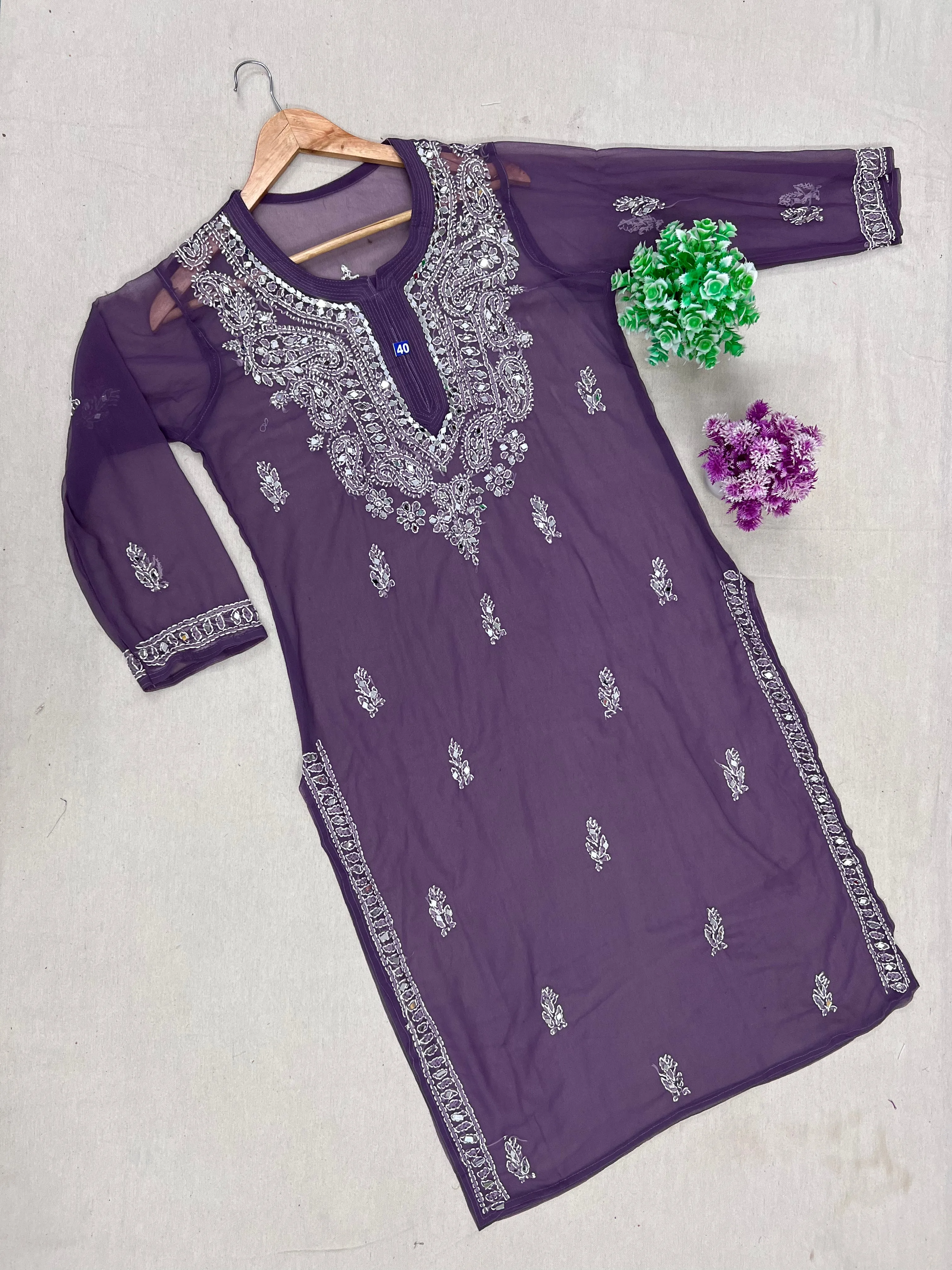 FCH, CHIKAN HANDWORK SOFT GEORGETTE KURTI With Pasted Mirror,