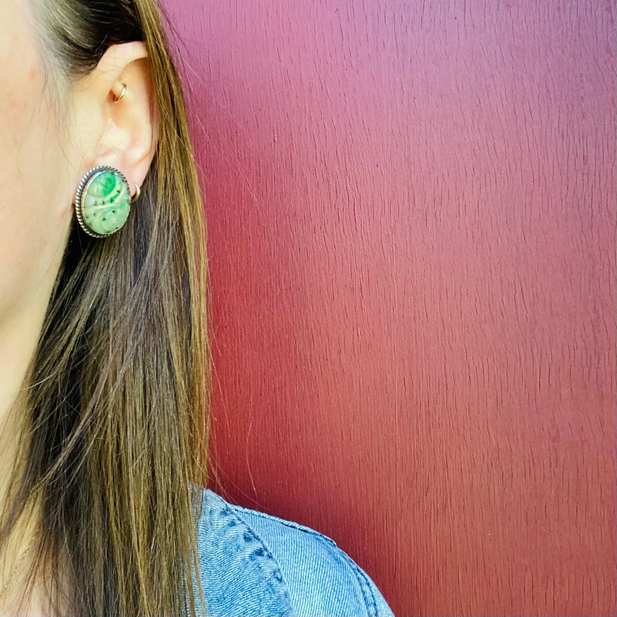 Floral Carved Jade in Silver Screw Back Earrings