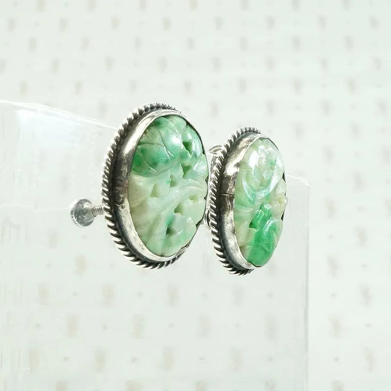 Floral Carved Jade in Silver Screw Back Earrings