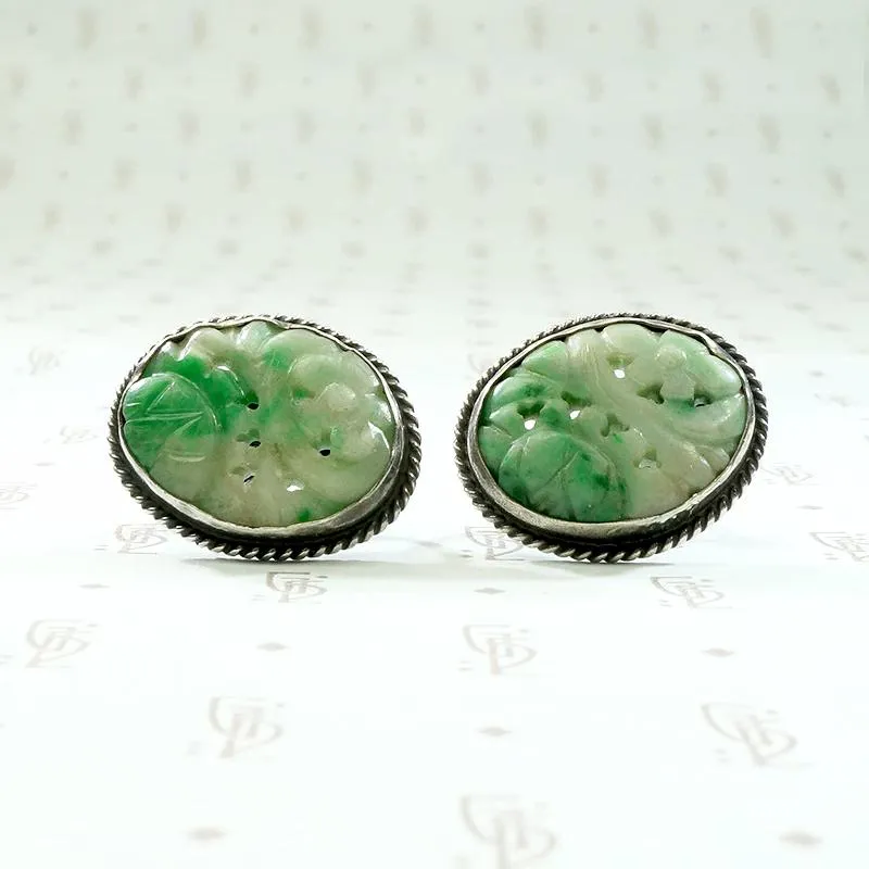 Floral Carved Jade in Silver Screw Back Earrings