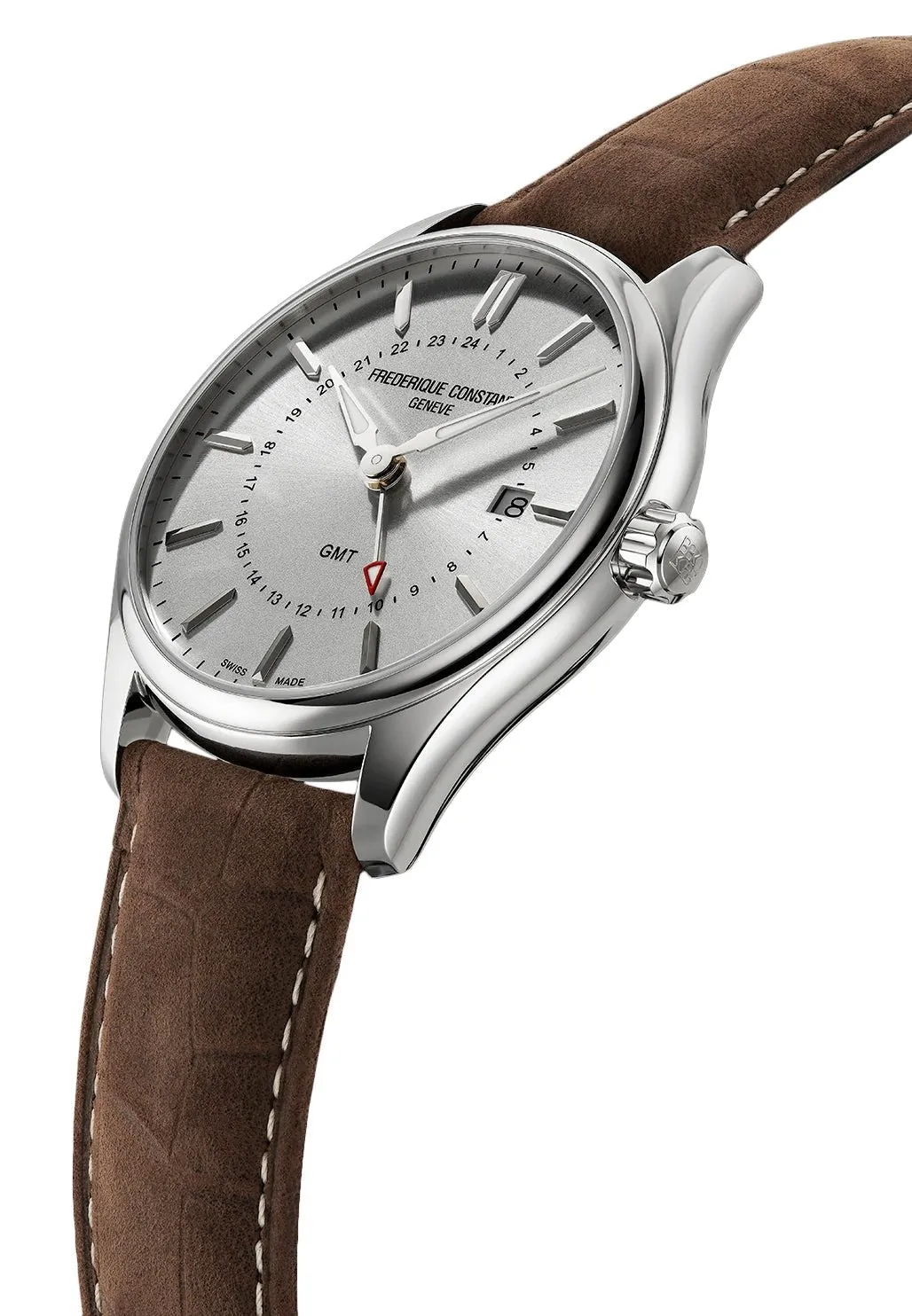 Frederique Constant Classics GMT Stainless Steel Silver Dial Brown Leather Strap Date Quartz Mens Watch FC-252SS5B6