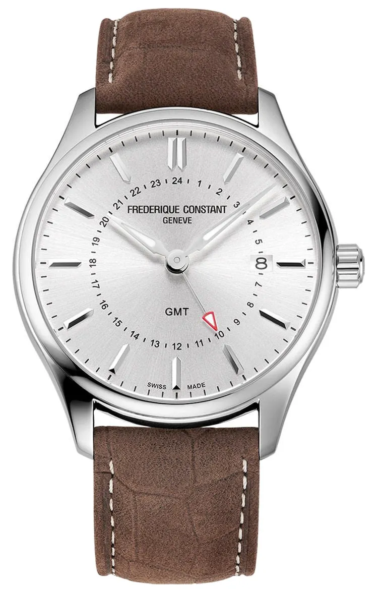 Frederique Constant Classics GMT Stainless Steel Silver Dial Brown Leather Strap Date Quartz Mens Watch FC-252SS5B6