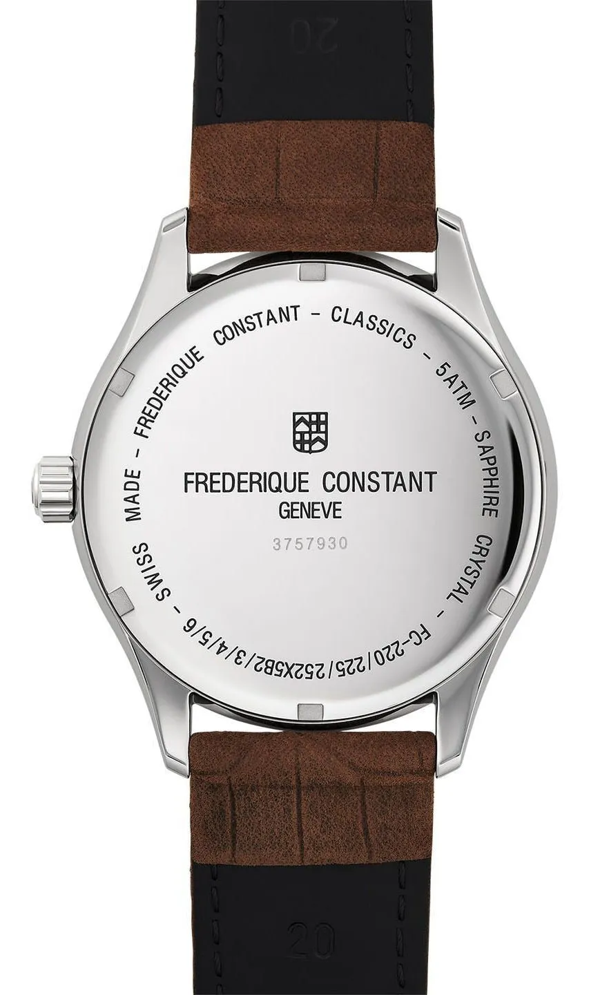 Frederique Constant Classics GMT Stainless Steel Silver Dial Brown Leather Strap Date Quartz Mens Watch FC-252SS5B6