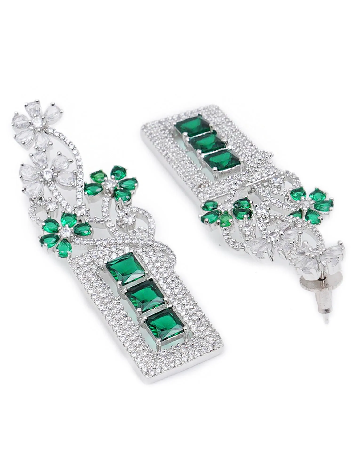 Green American Diamond Studded Floral Dangler Earrings