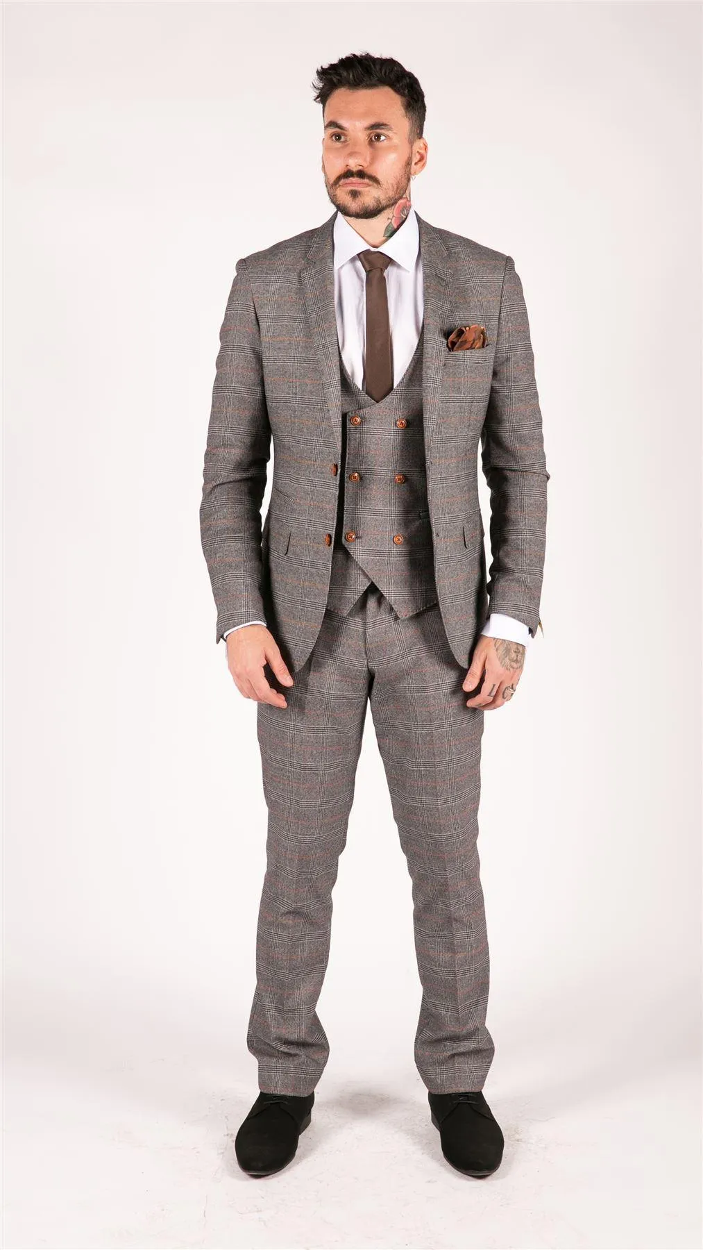 Grey Tweed 3 Piece Suit Prince Of Wales Check Slim Fit Double Breast Waistcoat