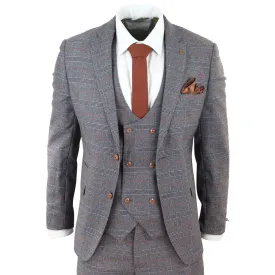 Grey Tweed 3 Piece Suit Prince Of Wales Check Slim Fit Double Breast Waistcoat