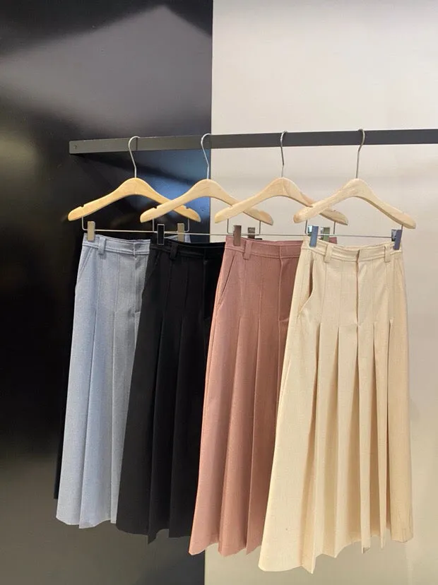 High waist wool blended pleated long skirt | 3 colors