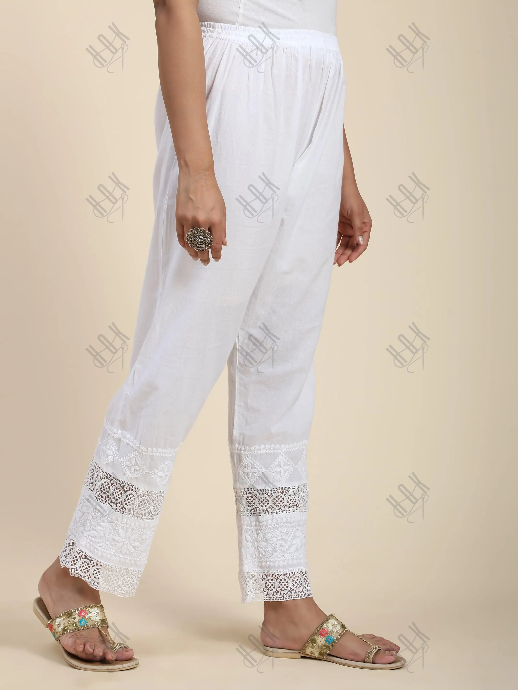 House Of Kari Chikankari Embroidered Cotton White Relaxed Pants Trousers-8