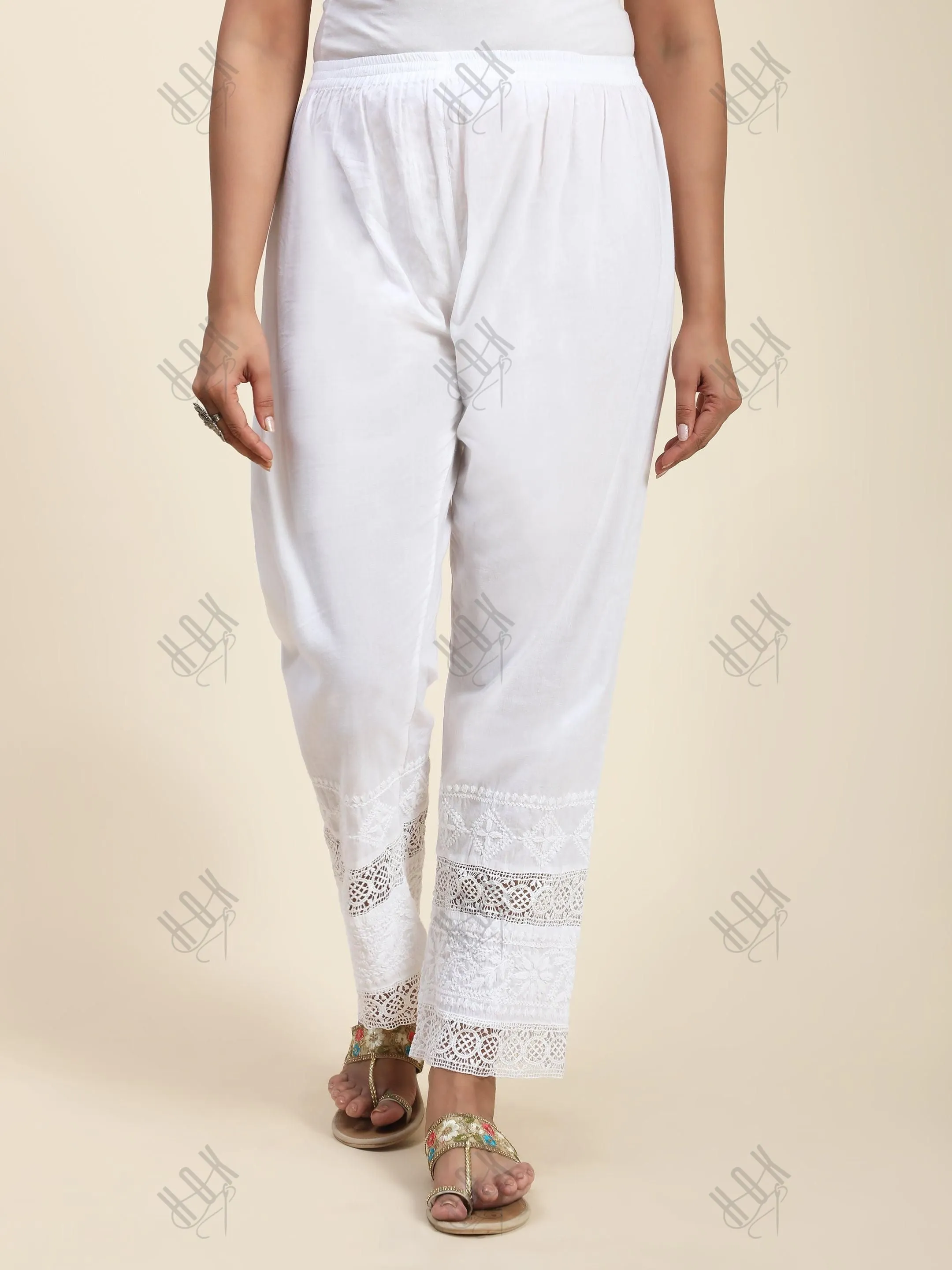 House Of Kari Chikankari Embroidered Cotton White Relaxed Pants Trousers-8