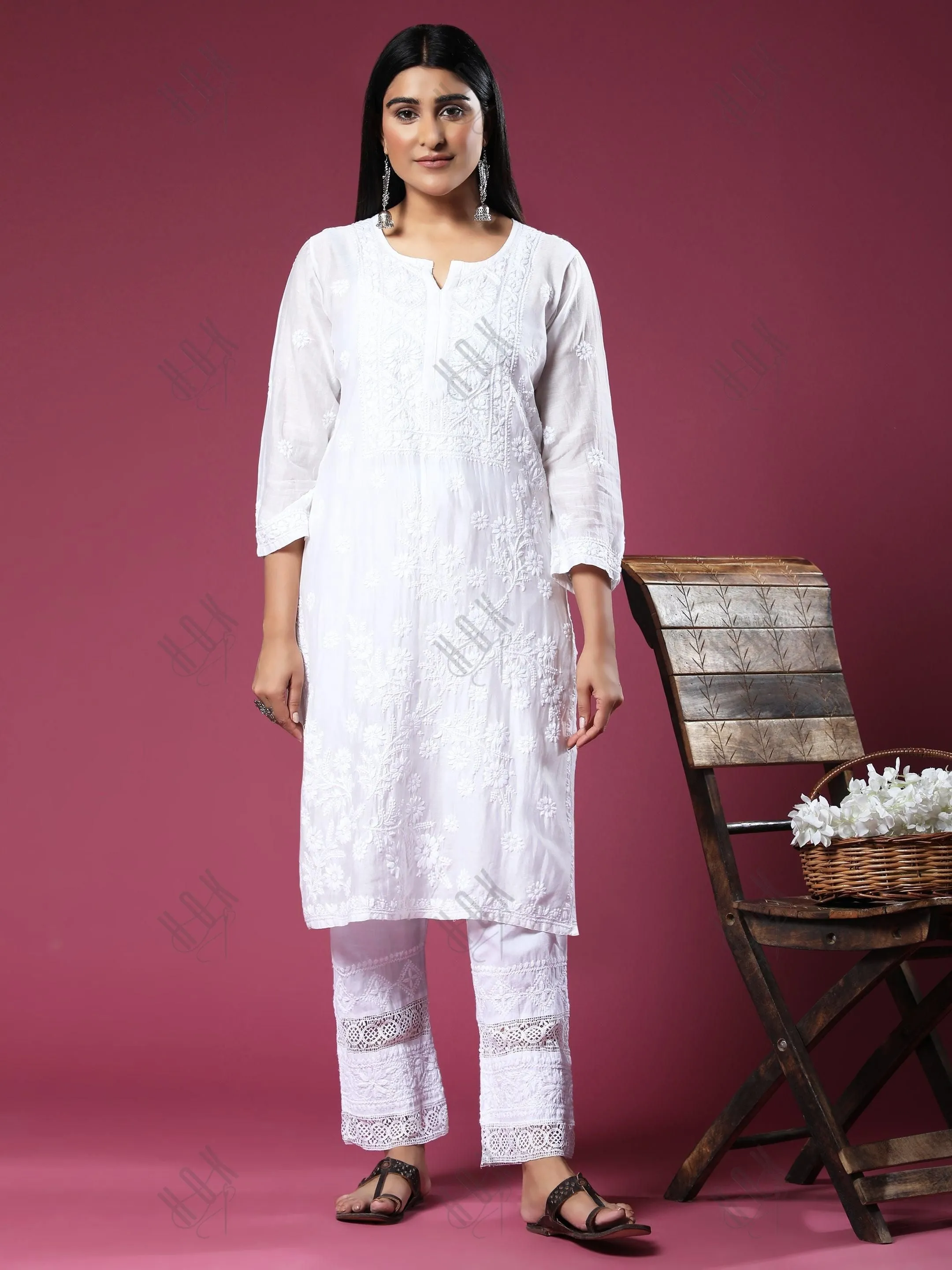 House Of Kari Chikankari Embroidered Cotton White Relaxed Pants Trousers-8