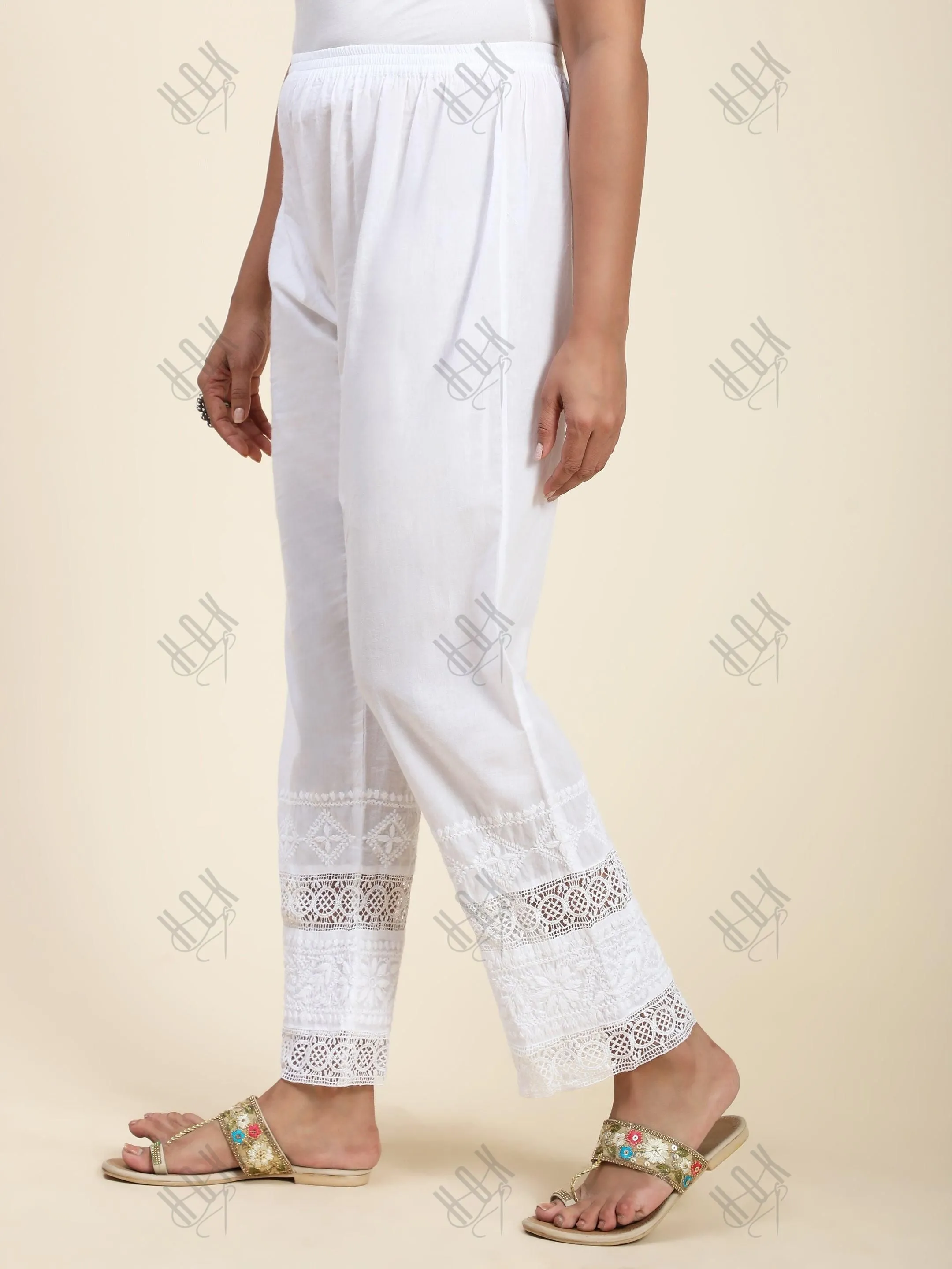 House Of Kari Chikankari Embroidered Cotton White Relaxed Pants Trousers-8