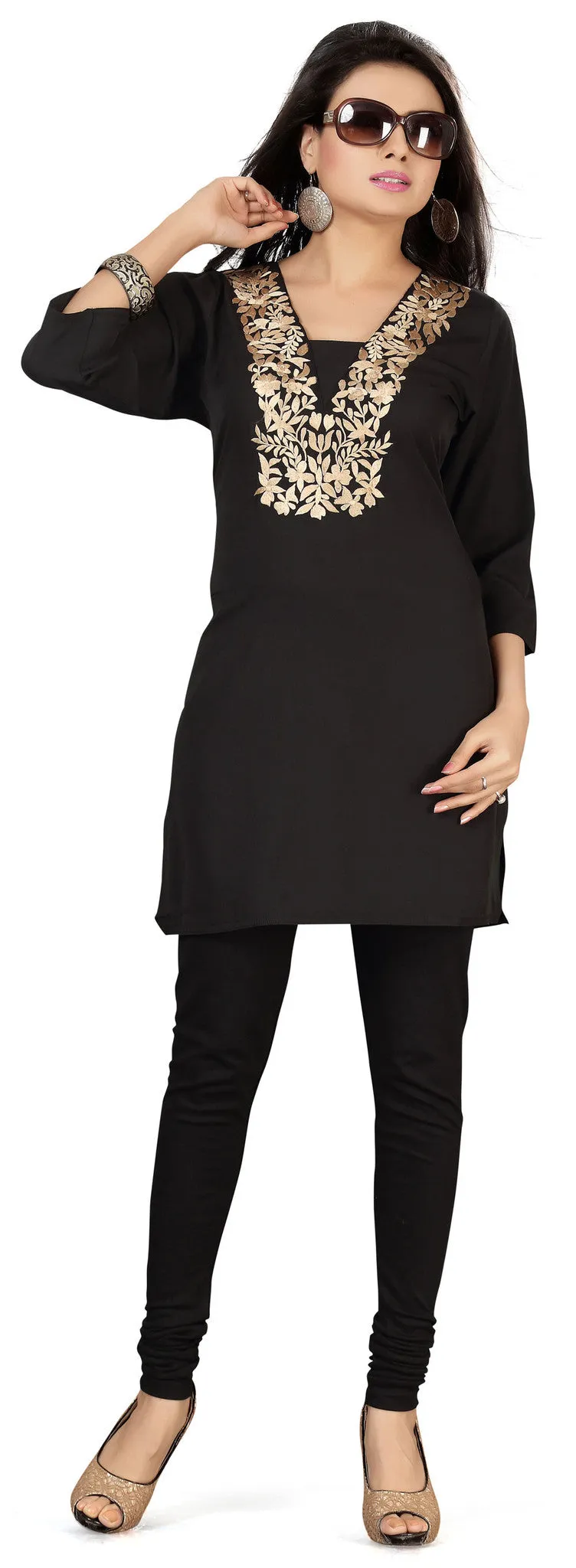 India Kurti Womens Long Blouse Embroidered Indian Apparel (Black)