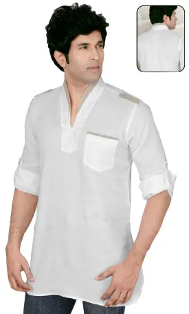 Indian Apparel Fashion Men's Short Kurta Linen Cotton (White)