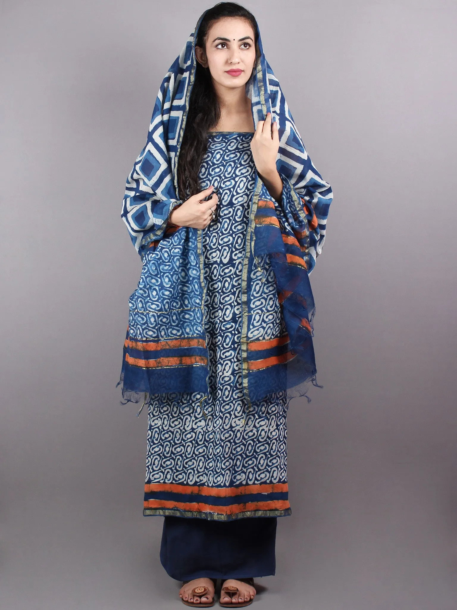 Indigo White Hand Block Printed Chanderi Unstitched Kurta & Chanderi Dupatta With Cotton Salwar - S1628003