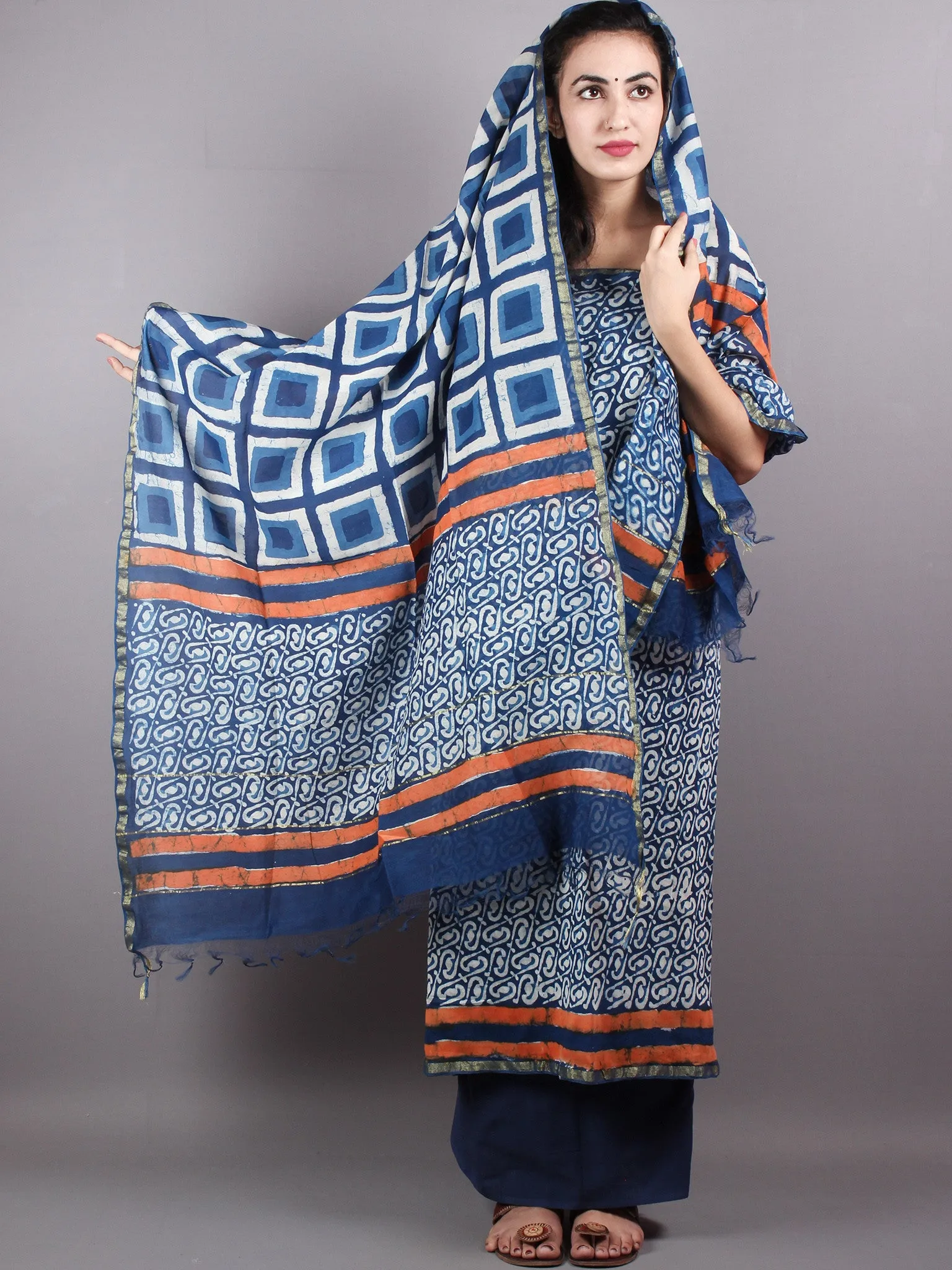 Indigo White Hand Block Printed Chanderi Unstitched Kurta & Chanderi Dupatta With Cotton Salwar - S1628003