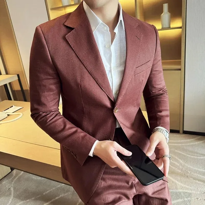 (Jacket & Pants) Men's 2-Piece Linen Suit: Italian Light, Breathable, Trendy Jacket with Double Slit Back