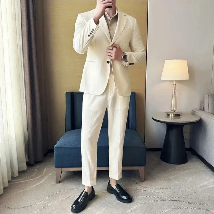 (Jacket & Pants) Men's 2-Piece Linen Suit: Italian Light, Breathable, Trendy Jacket with Double Slit Back