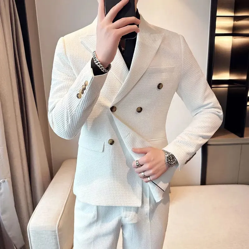 (Jacket & Pants) Premium Double-Breasted Men's Business Suit: Tailored Set for Groom's Wedding Dress or Casual Tuxedo Look