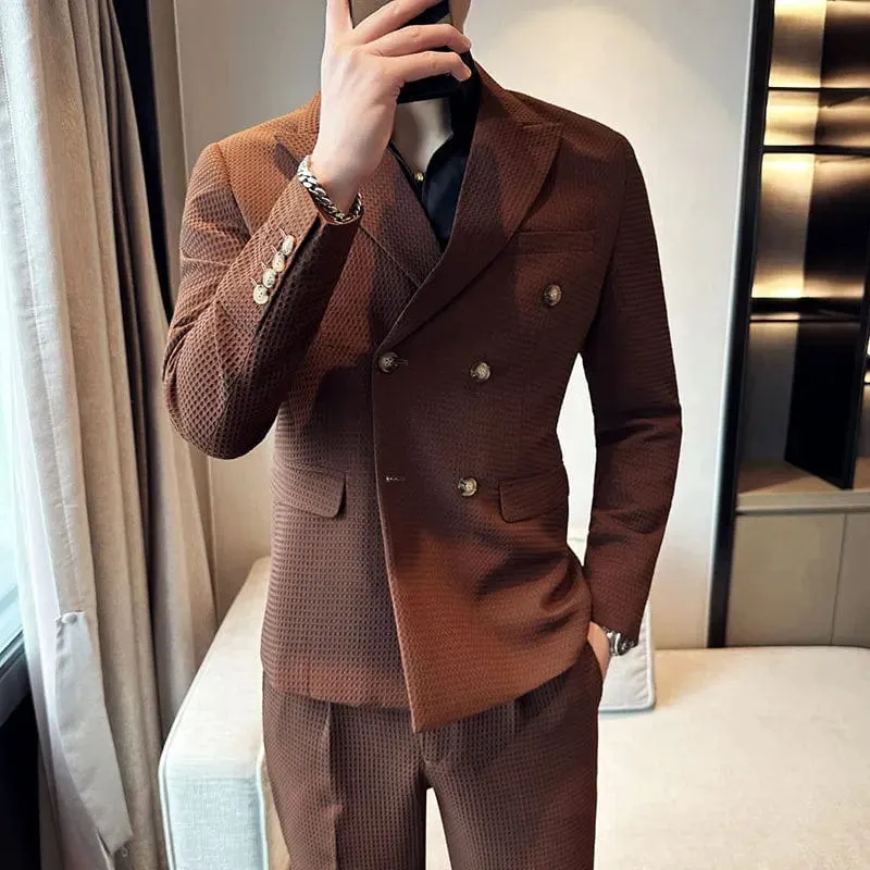 (Jacket & Pants) Premium Double-Breasted Men's Business Suit: Tailored Set for Groom's Wedding Dress or Casual Tuxedo Look