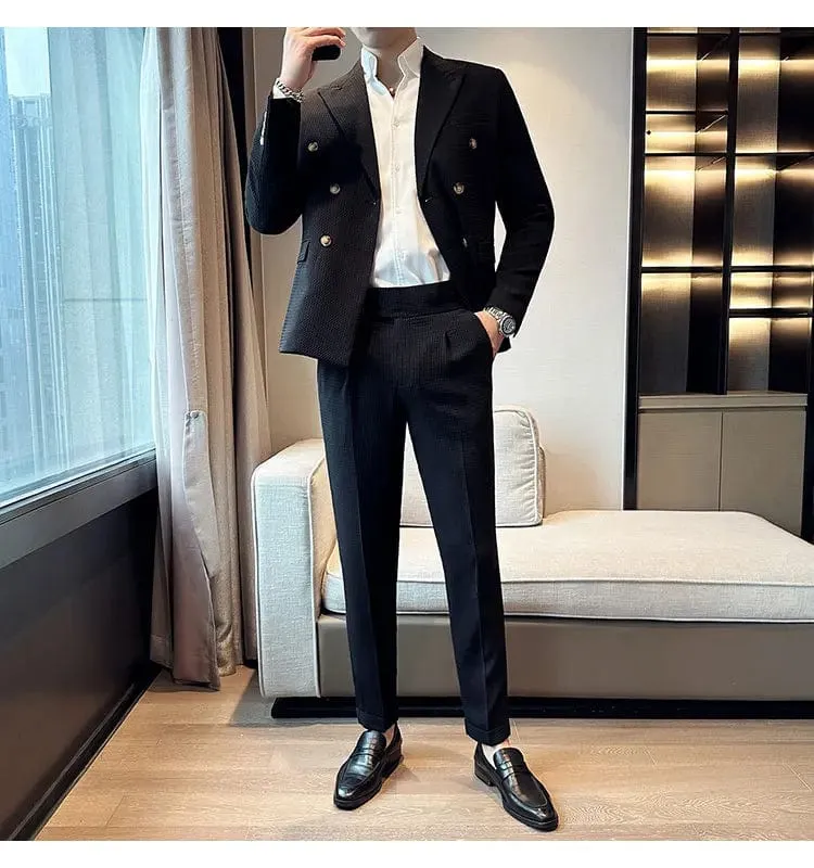 (Jacket & Pants) Premium Double-Breasted Men's Business Suit: Tailored Set for Groom's Wedding Dress or Casual Tuxedo Look