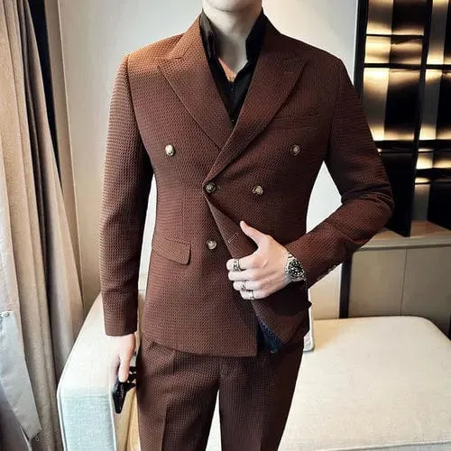 (Jacket & Pants) Premium Double-Breasted Men's Business Suit: Tailored Set for Groom's Wedding Dress or Casual Tuxedo Look