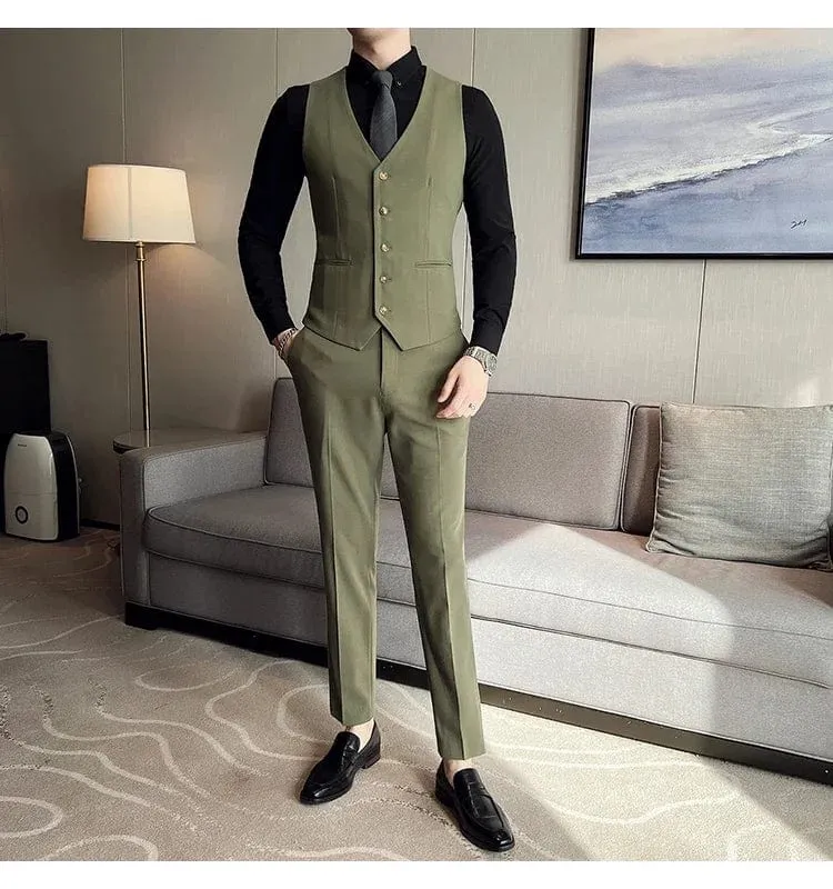 (Jacket, Vest & Pants) Premium Men's Double-Breasted Three-Piece Suit: Blazer, Vest, and Trousers - Elegant Fashion, Business Casual, Formal Attire